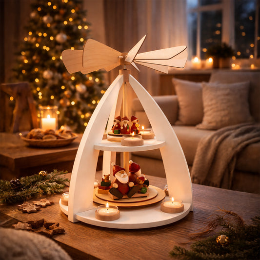 Weihnachtspyramide mit Wichtelfiguren (weiß, 2-stöckig)