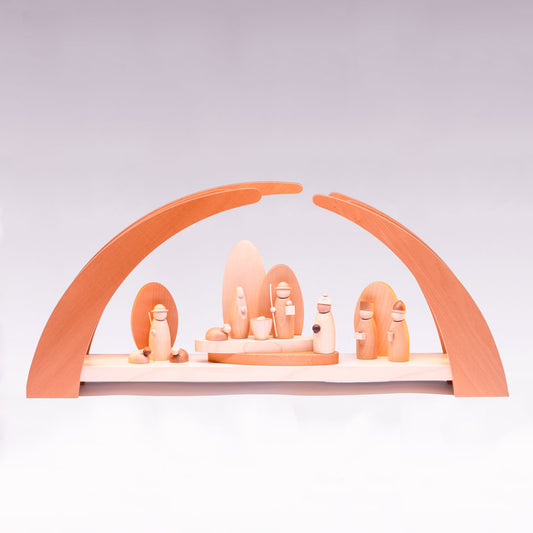 Moderner LED-Schwibbogen mit Krippefiguren