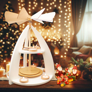 Weihnachtspyramide mit Wichtelfiguren (weiß, 2-stöckig)